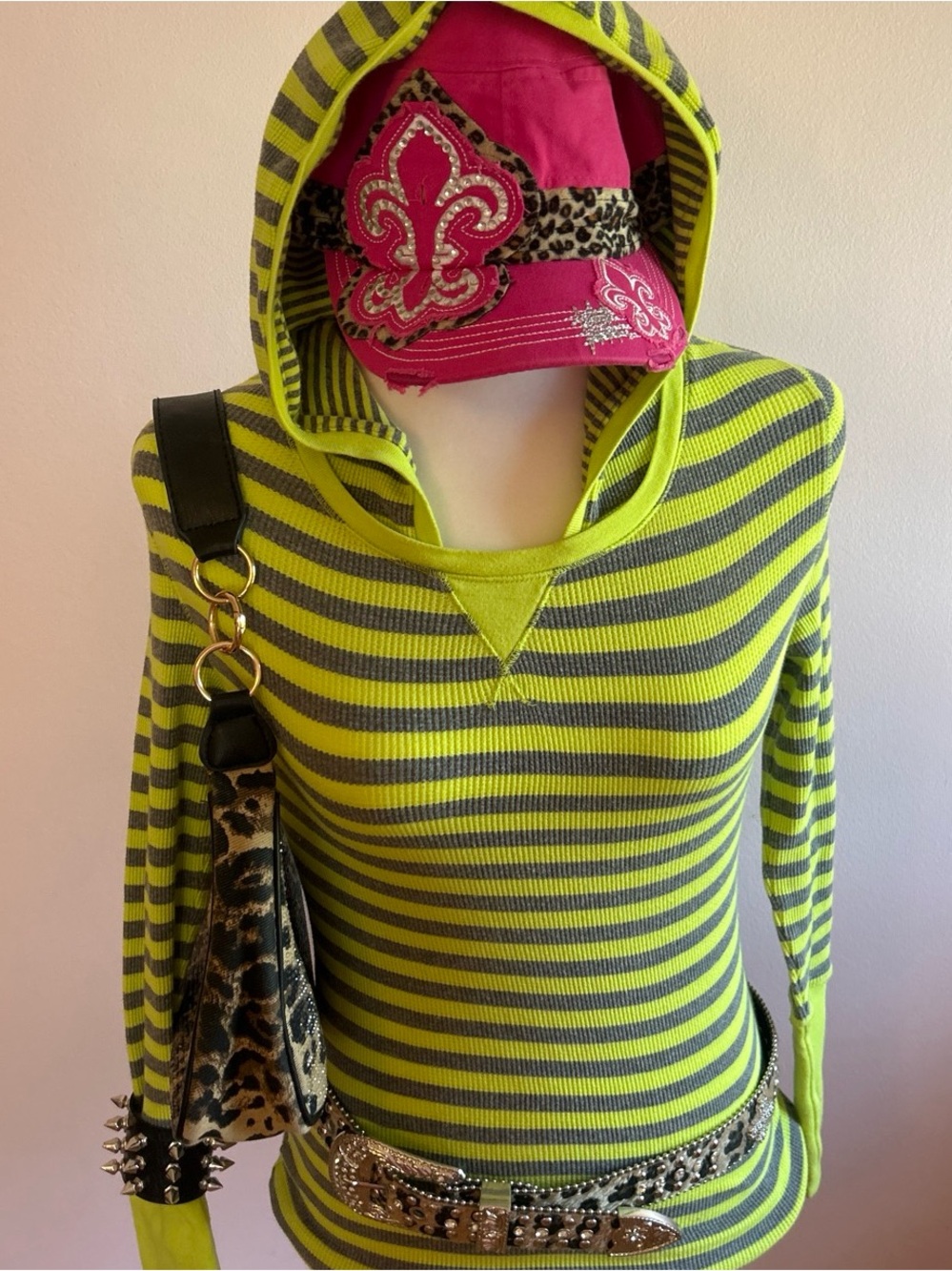 2000s neon green and black striped long sleeve hoodie